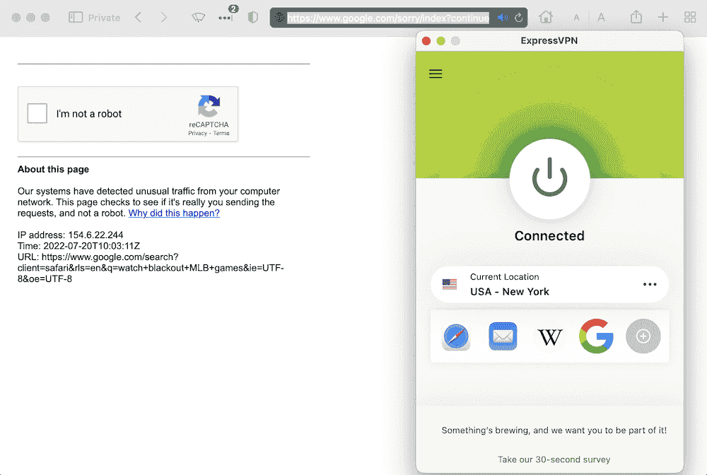 Triggering a CAPTCHA while running ExpressVPN