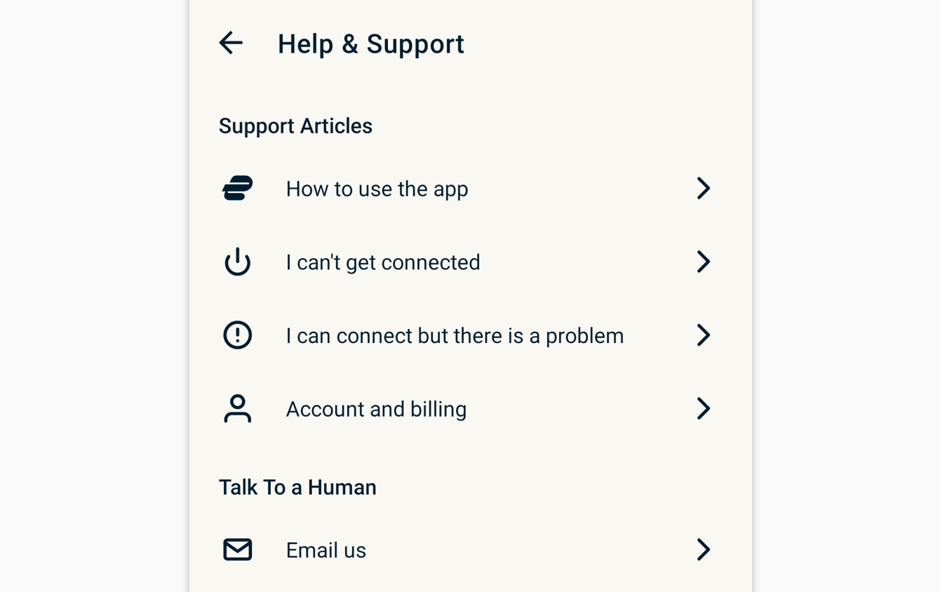 Tap a categoryto select an in-app support article.