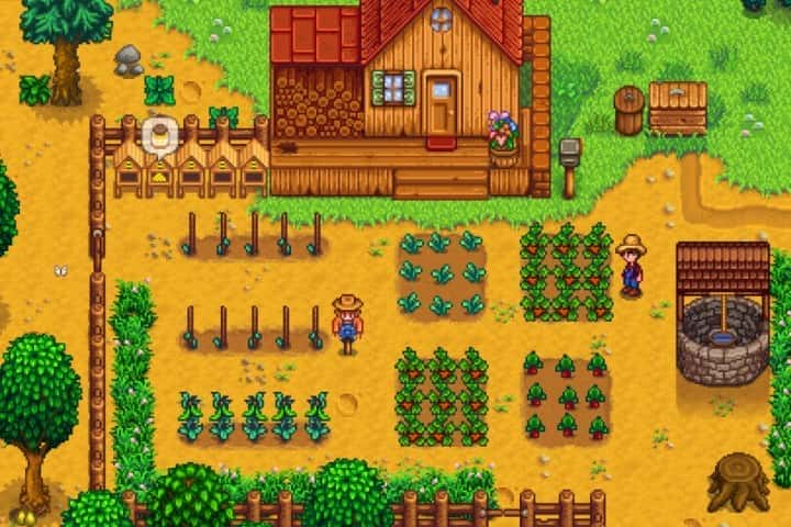 A farmer harvesting crops in Stardew Valley. 