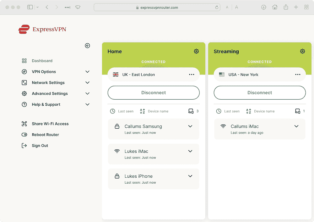 ExpressVPN's router app interface