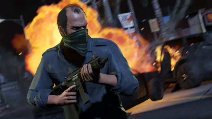 Trevor holding a gun in Grand Theft Auto 5.