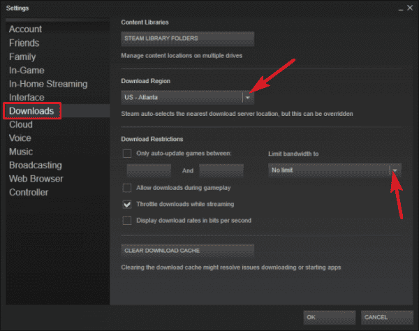 The second step to raising download speed with Steam.