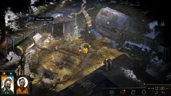 Characters standing by a tree in Disco Elysium.