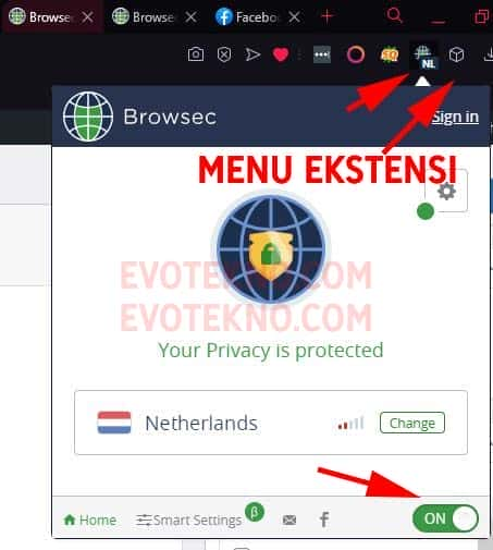 Menu Ekstensi Opera GX - Browsec