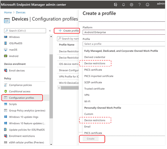 The Configuration profiles menu item in the Policy pane