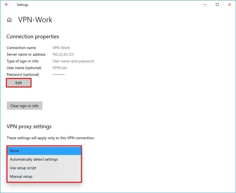 VPN advanced settings on Windows 10