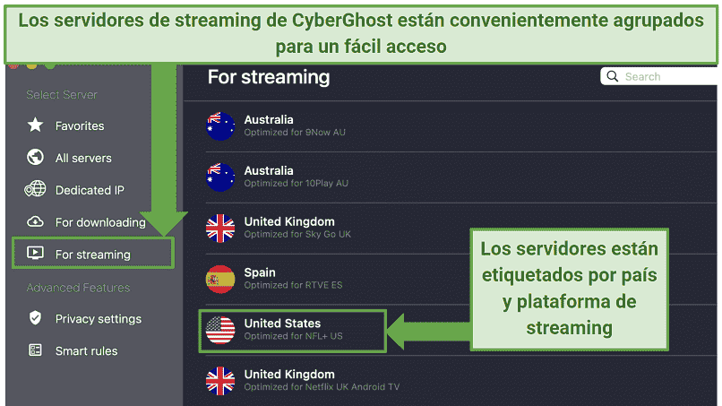 Screenshot showing CyberGhost's streaming-optimized servers