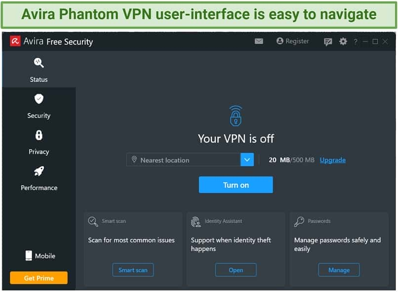 A screenshot of the Avira Phantom VPN simple user-interface