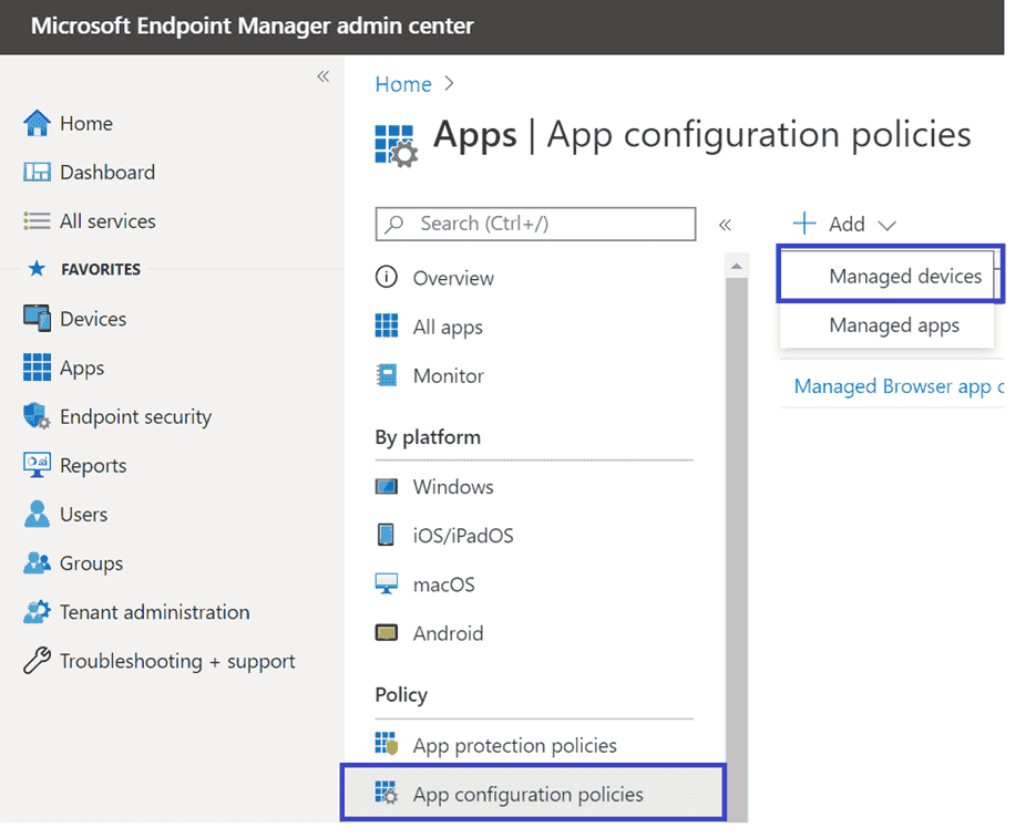 The App configuration policies pane in the Microsoft Intune admin center portal