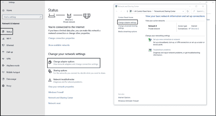 change adapter settings in windows 10