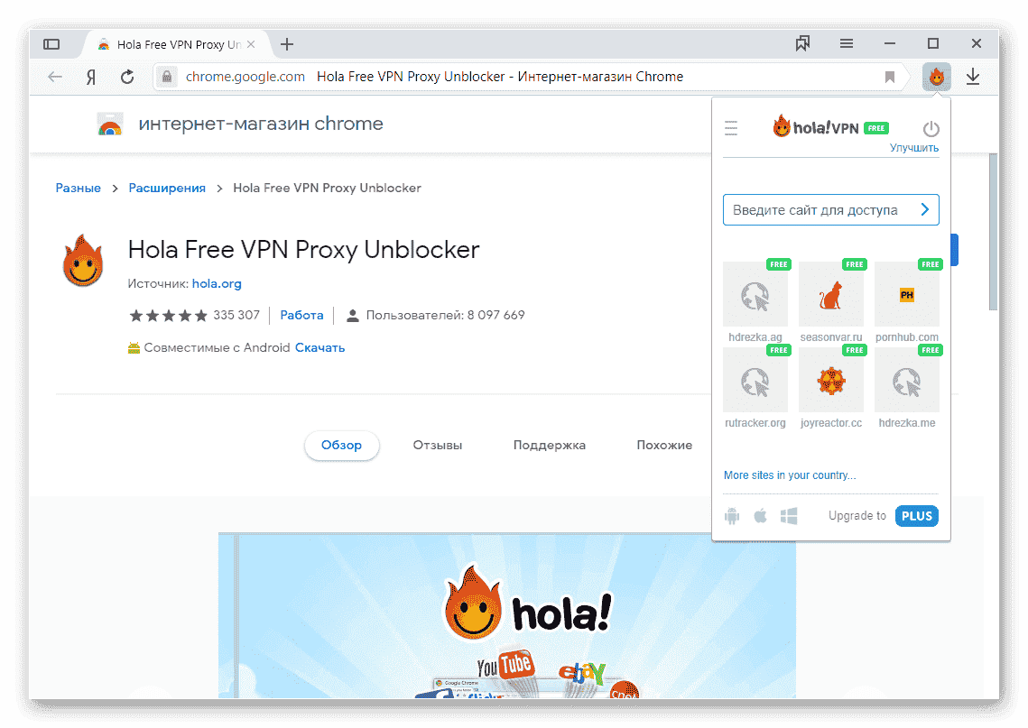 Общий вид расширения Hola VPN