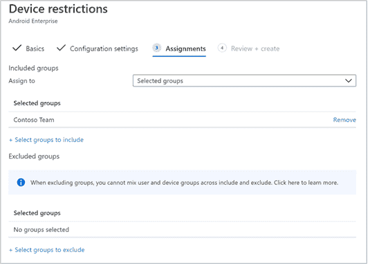 Screenshot of the devices configuration profile Assignment pane in the Device restrictions.