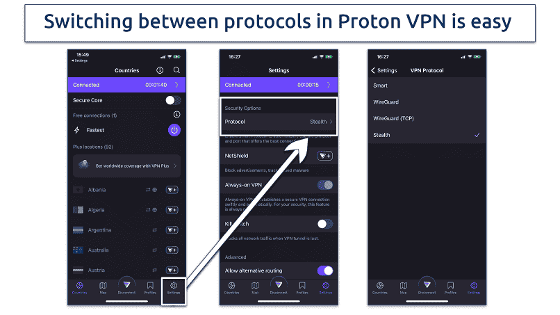 Screenshot of the VPN protocol list in the Proton VPN app