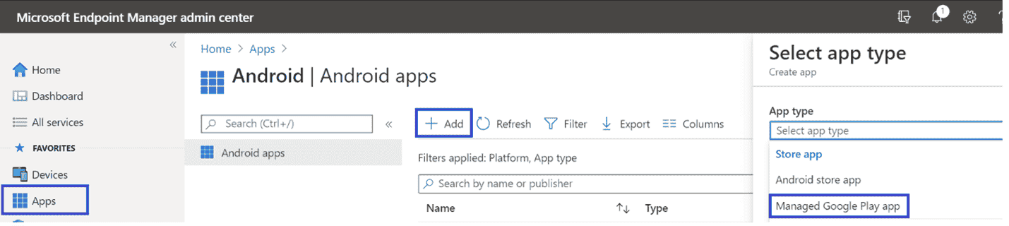 The application-adding pane in the Microsoft Intune admin center portal