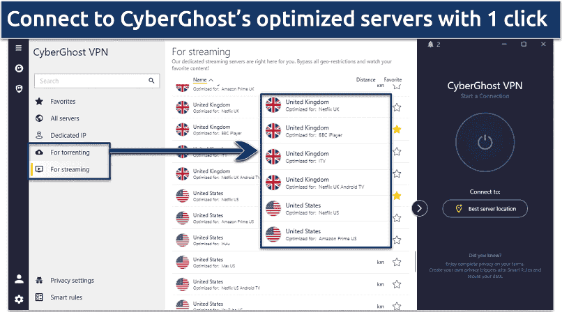 Screenshot of CyberGhost's Windows app showing dedicated servers