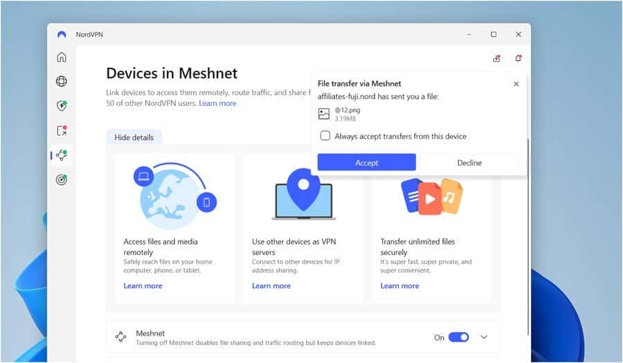 Receiving a file via NordVPN’s Meshnet. 