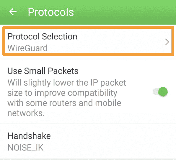 screenshot of protocols selection in PIA VPN app
