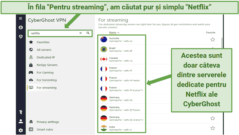 Captură de ecran arătând o listă a serverelor optimizate pentru Netflix de la CyberGhost