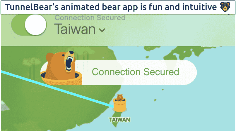 Screenshot of TunnelBear connected to Taiwan server