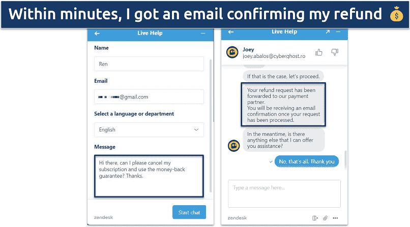 Screenshot of a conversation with a CyberGhost live chat agent confirming the refund