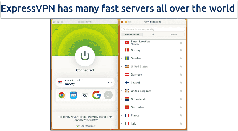 Screenshot of the server list in the ExpressVPN app