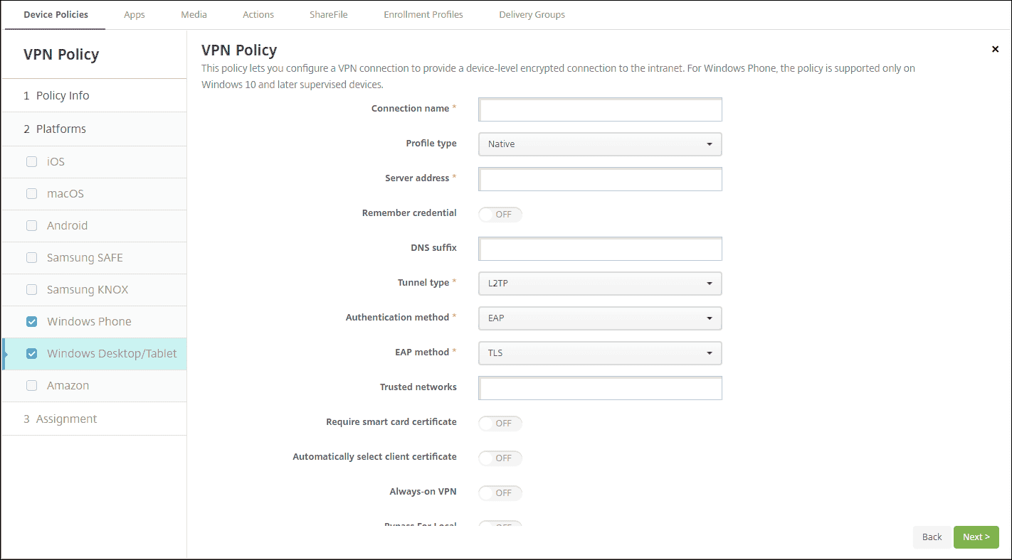 Device Policies configuration screen