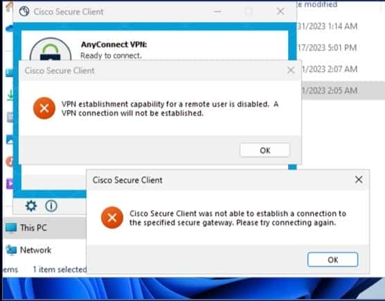 Troubleshoot Secure Access Error “VPN Establishment Capability for a Remote User Is Disabled. A VPN Connection Will Not Be Established”