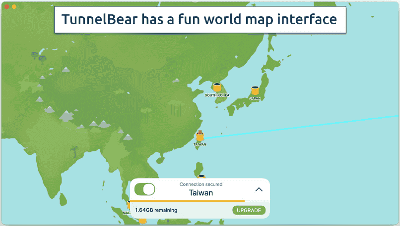 Screenshot showing the TunnelBear app connecting to a server in Taiwan