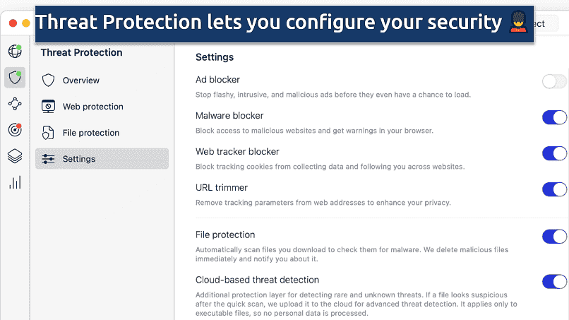 Screenshot of the NordVPN Settings panel with the customization options of Threat Protection