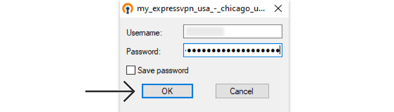 Enter the ExpressVPN OpenVPN username and password, click“OK.”