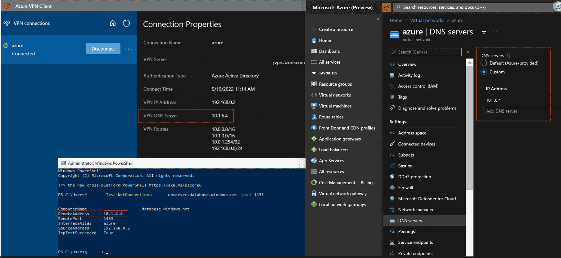 Screenshot shows the Azure VPN Client, an open PowerShell window, and the Azure portal open to DNS servers page.