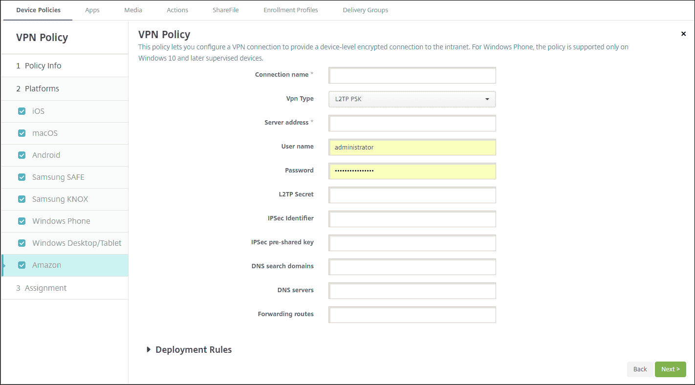 Device Policies configuration screen