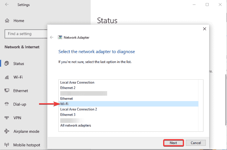 Windows 10 shows Select network adapter to diagnose