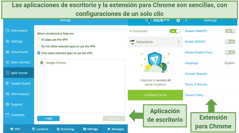 A screenshot showing the similarities between hideme's desktop app and Chrome extension