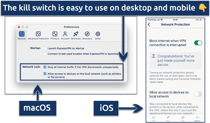 Screenshot showing how to activate the kill switch on ExpressVPN's desktop  andmobile apps