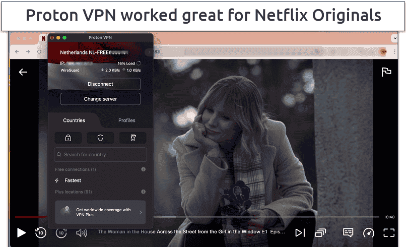 Screenshot of The Woman in the House Across the Street from the Girl in the Window streaming on Netflix Netherlands with Proton VPN connected