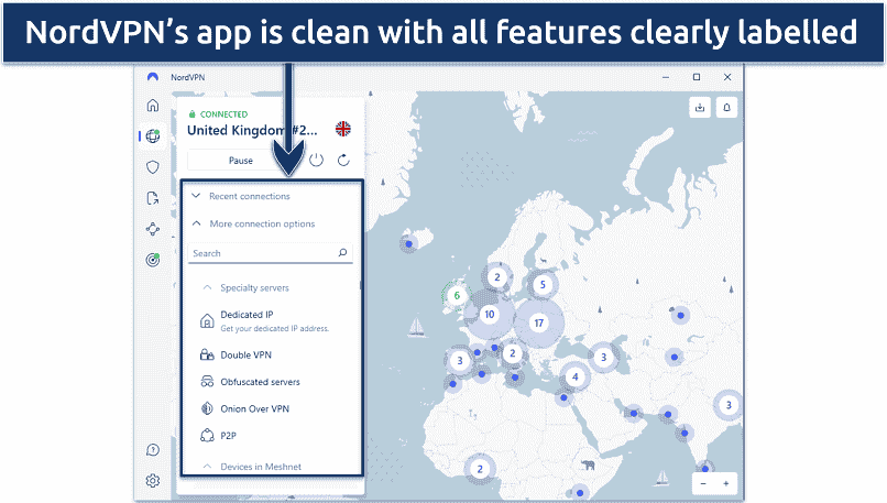 Screenshot of NordVPN's Windows app highlighting its ease of use