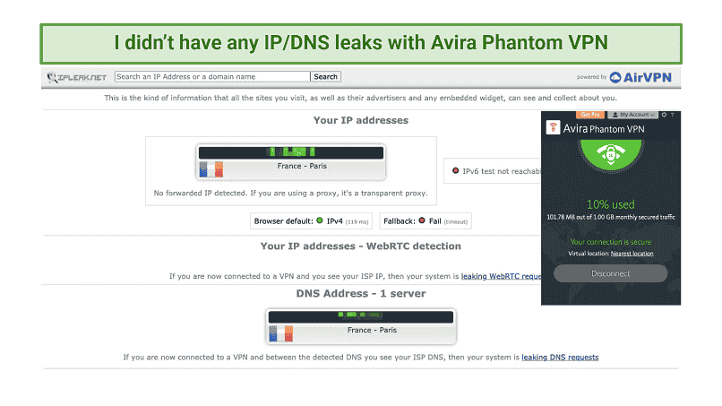 Screenshot of leak test with Avira Phantom VPN