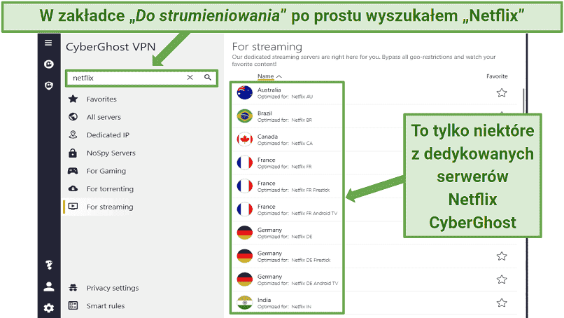 Screenshot displaying a list of CyberGhost's Netflix-optimized servers