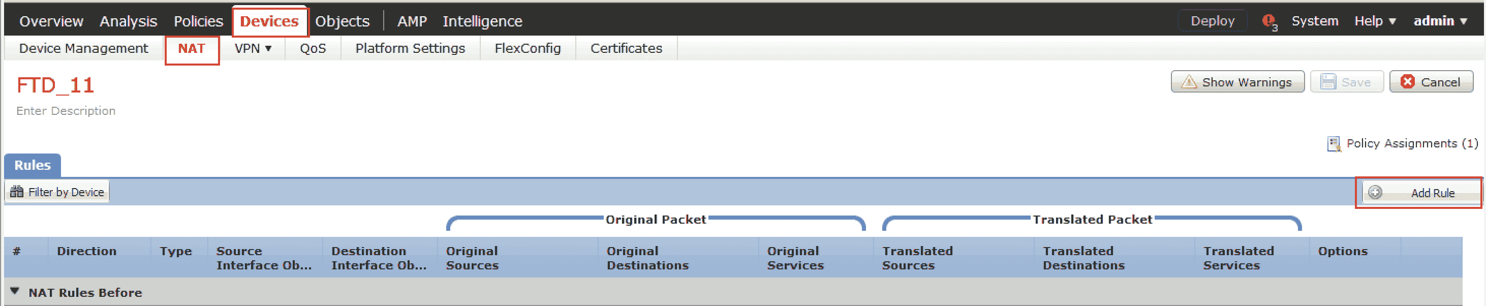 FTD GUI -check NAT rules for this device