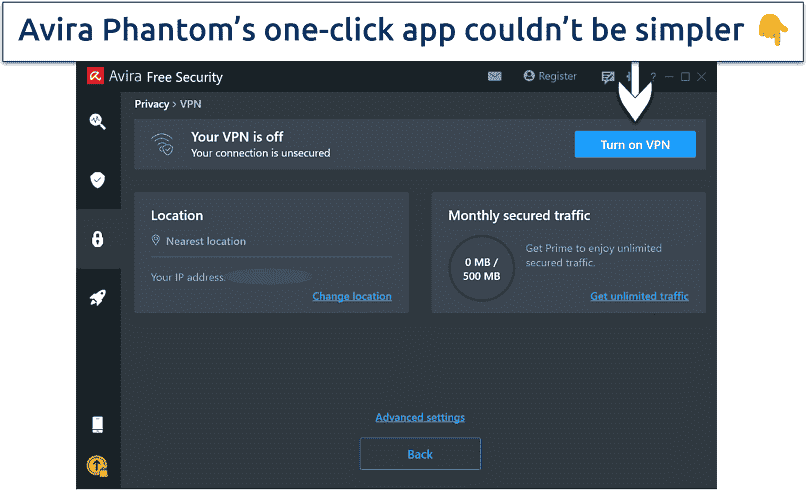 Screenshot showing Avira Phantom VPN's basic user interface
