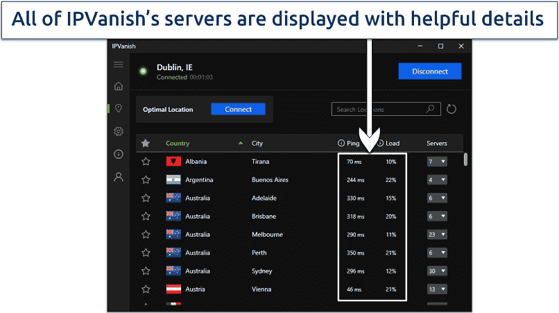 Screenshot of ipvanish's Windows app highlighting he server list