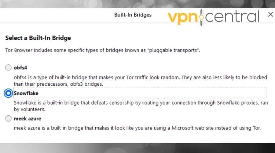 tor browser built-in bridge snowflake