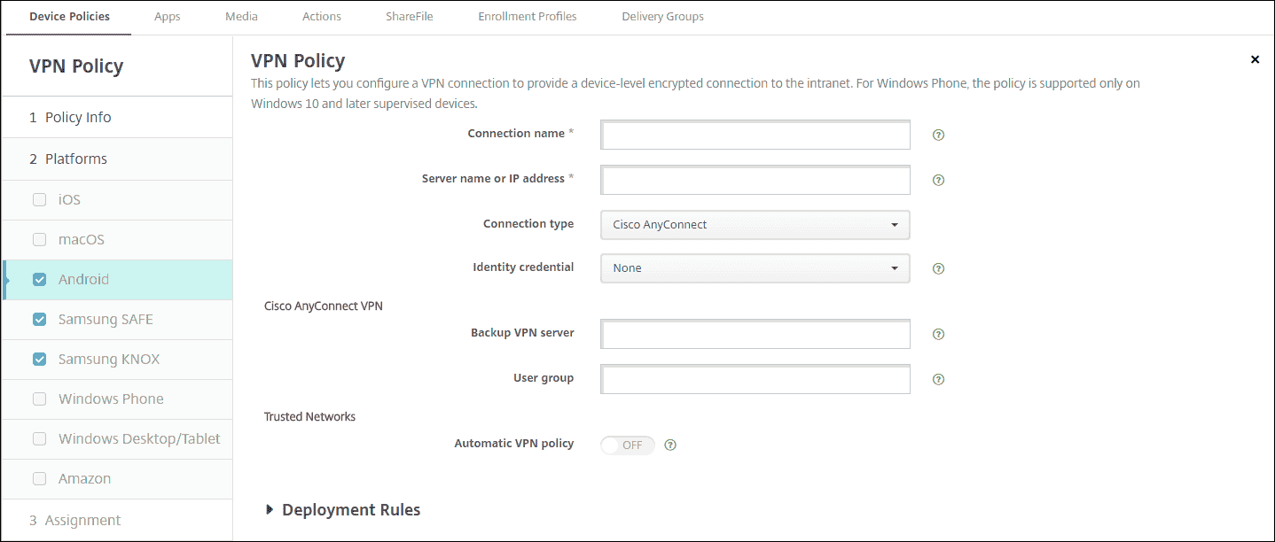 Device Policies configuration screen