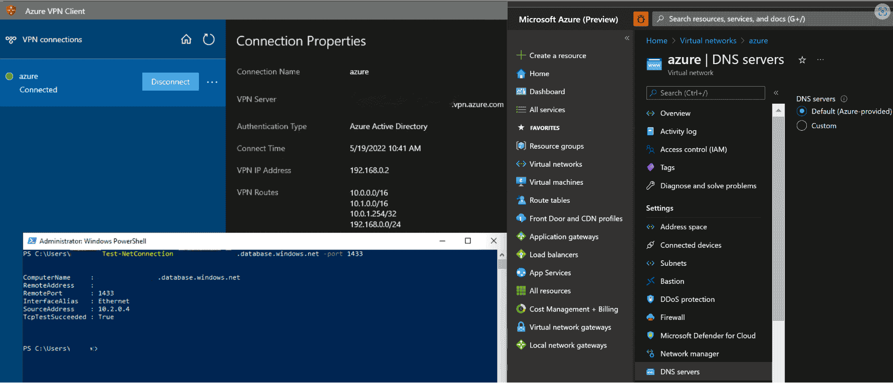 Screenshot shows the Azure VPN Client, an open PowerShell window, and the Azure portal DNS servers page.