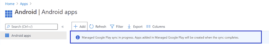 The application sync status pane in the Android apps page in the Microsoft Defender 365 portal