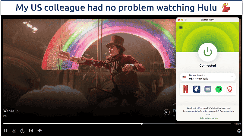 Screenshot showing the ExpressVPN app connected to a UK server over a browser streaming Hulu