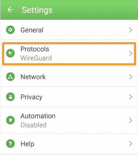  screenshot of protocols settings in PIA VPN app