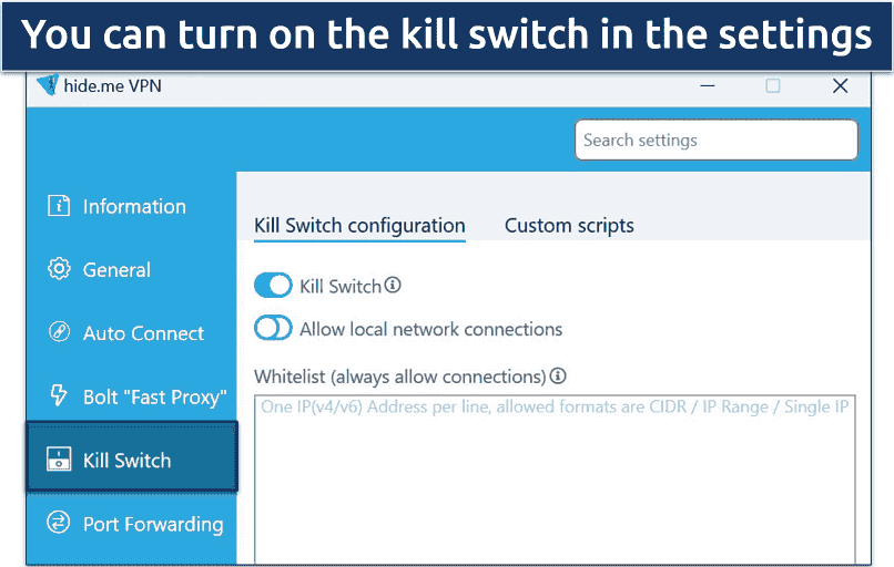 Screenshot of hide me security features on Windows app