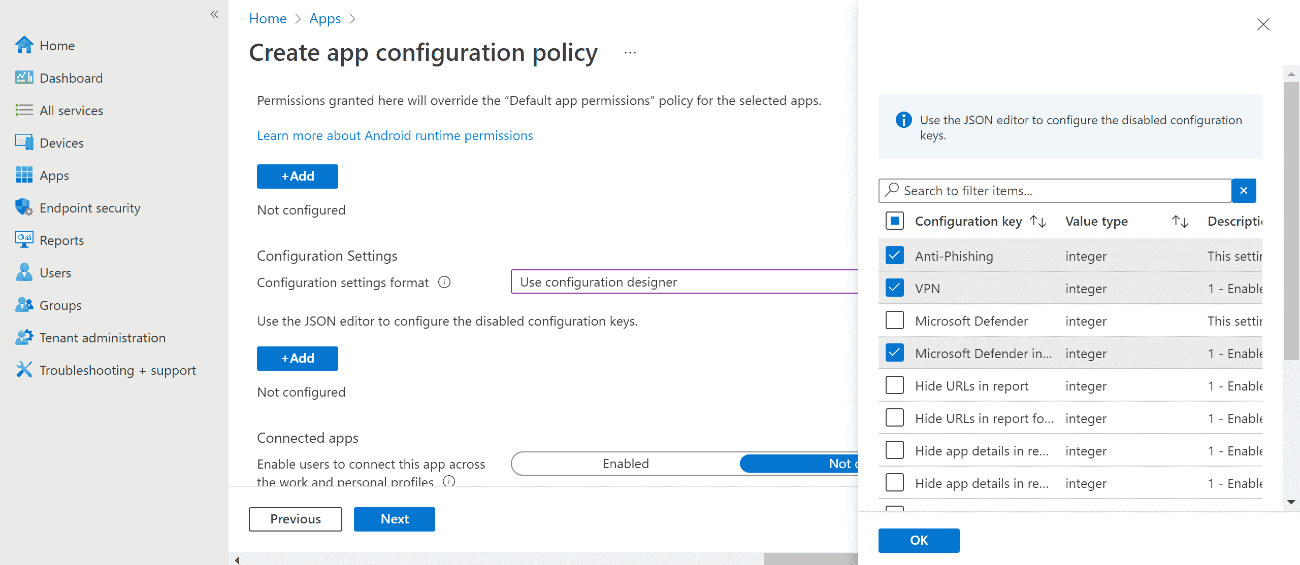 Image of selecting configuration policies for android.